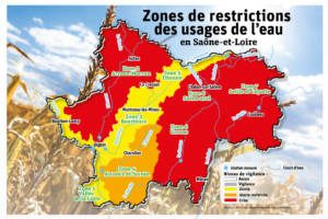 Carte de Saône-et-Loire indiquant les différentes zones de restrictions des usages de l'eau